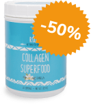 Container of ROOTZ Collagen Superfood Vanilla flavor with a -50% discount label