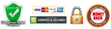 Security icons including secure certified badge, credit card logos, verified and secured badge, lock symbol, and money back guarantee badge